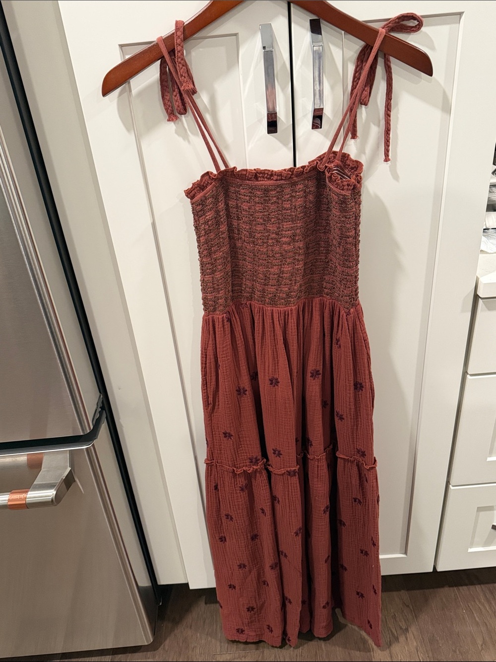 Amazon Rust Tie-Shoulder Smocked Maxi Dress with Embroidered Detail